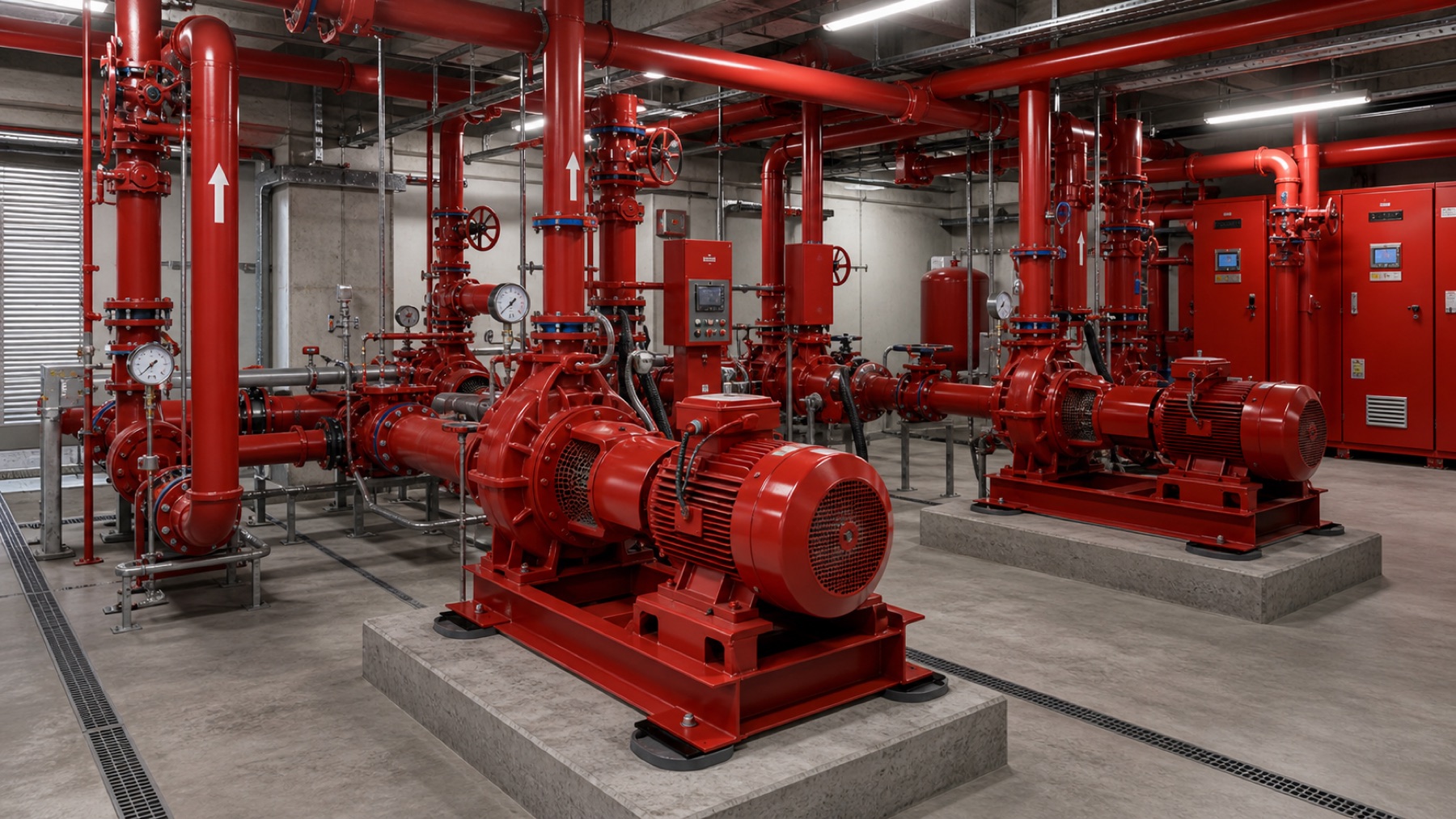 Yangın pompa istasyonu projesi — kırmızı elektrikli pompalar, basınç kollektörü ve teknik panolar